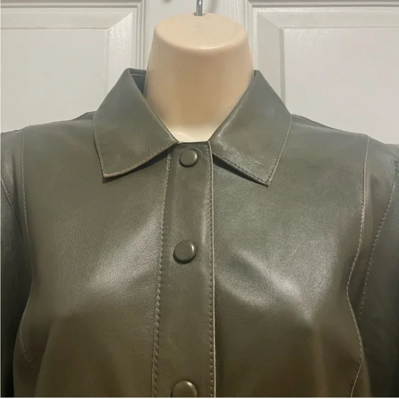 GANNI Leather Olive Green Meranti Puffed
Sleeve Dress Goddess - Size 38 EU/ 8 US - Picture 6 of 14